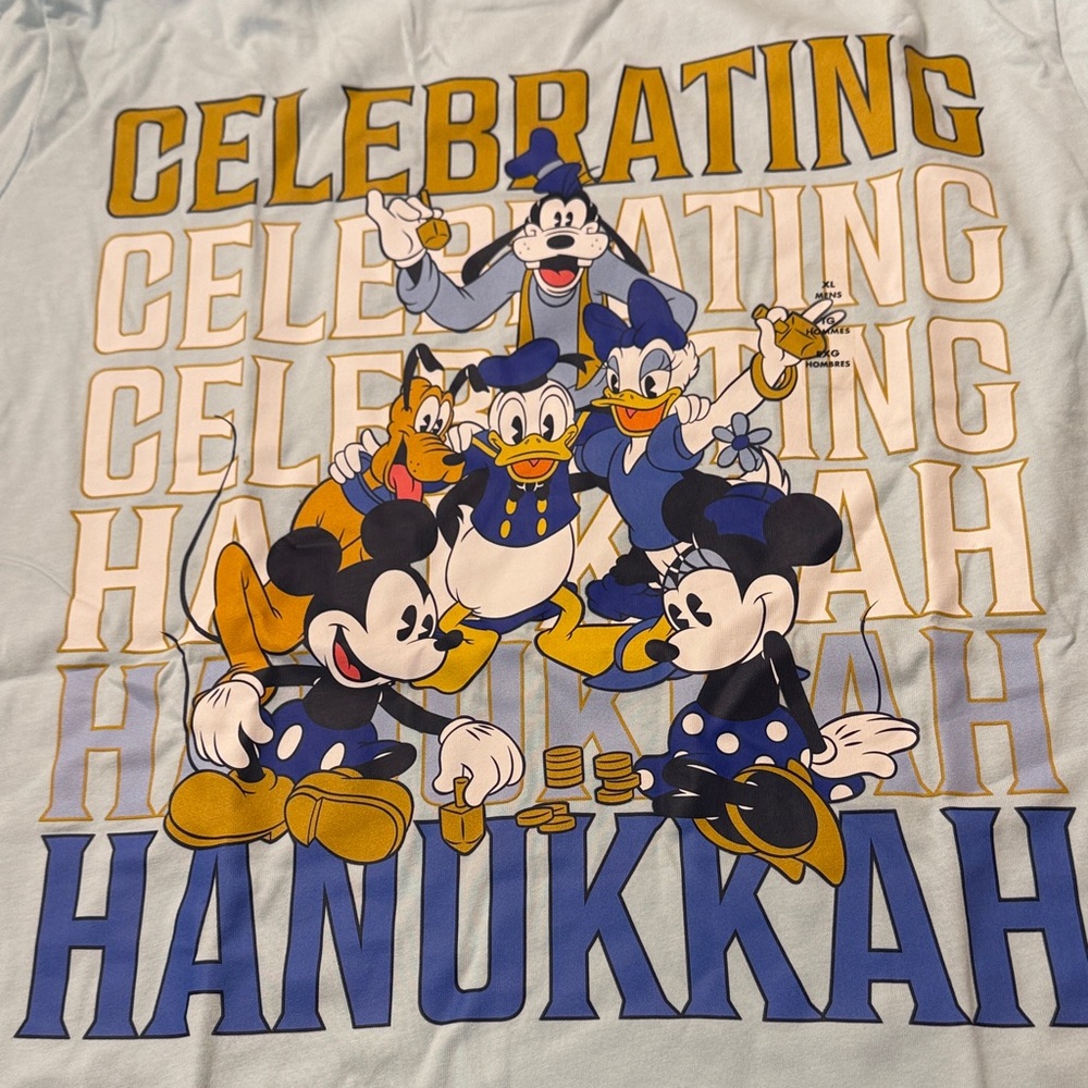 New Men’s XL Disney Blue and Yellow Hanukkah Celebration Tee